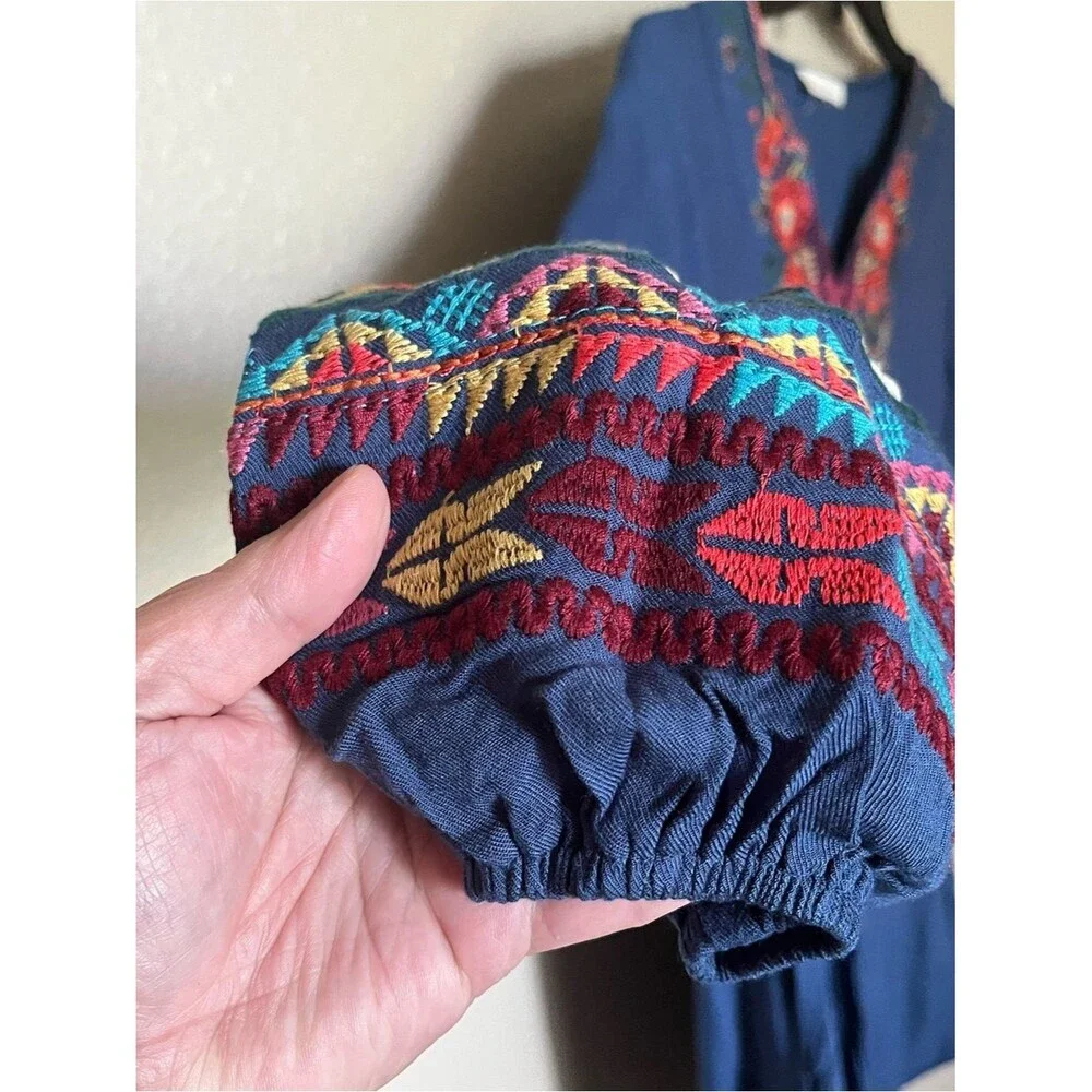 Anthropologie Solitaire Embroidered Blue Long Sleeve Tunic Dress Size Medium